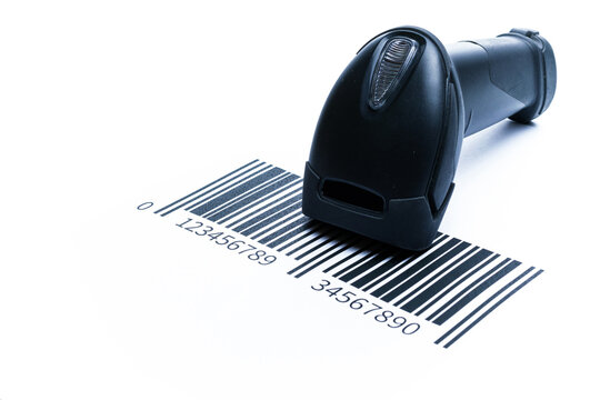 Barcode scanning. Reader laser scanner for warehouse. Retail label barcode scan isolated on white background. Warehouse inventory management. - Powered by Adobe
