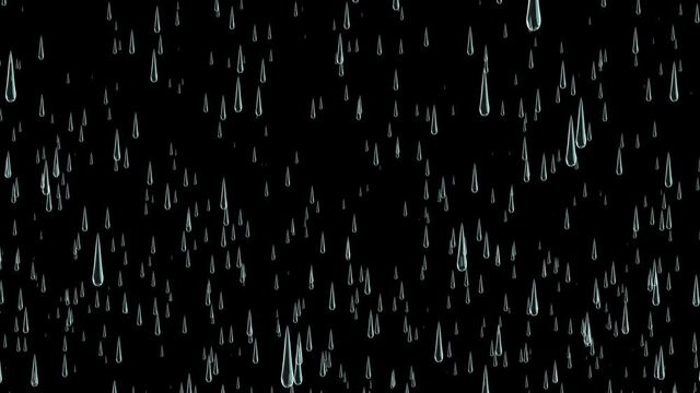 Abstract large elongated drops slowly fall from top to bottom on a black background.