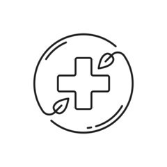Medical cross in circle of herbal plants isolated outline icon. Vector beauty and spa salon emblem, health care and massage therapy, emergency ambulance sign, pharmacy hospital, medical assistance
