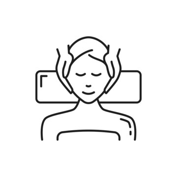 recommend clip art: Face massage salon procedure in spa isolated outline icon. Vector facial care at cosmetologist bed. Beauty woman, cosmetics and skin care. Applying facial cream to customer in beauty parlor, therapy