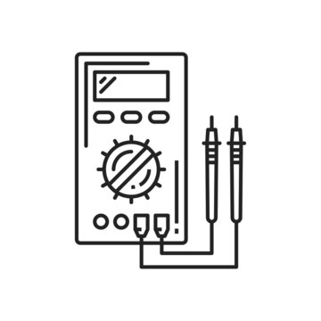 Digital voltmeter multimeter isolated thin line icon. Vector instrument measuring electrical potential difference between two points. Voltmeter physical device to measure voltage in electric circuit
