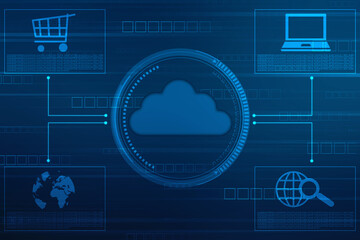 2d illustration of Cloud computing, Digital Cloud computing Concept background. Cyber technology, internet data storage, database and data server concept