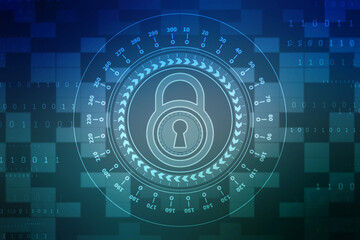 Digital Padlock on abstract technology background, Technology security concept. Modern safety digital background. Protection system, Cyber Security and safety information, personal data concept.