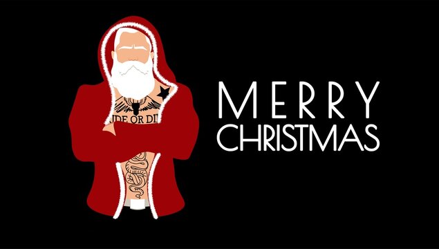 Vector banner congratulation merry christmas on a black background. Bad old santa claus with tattoos and a beard in a fur coat with a hood. Illustration EPS10