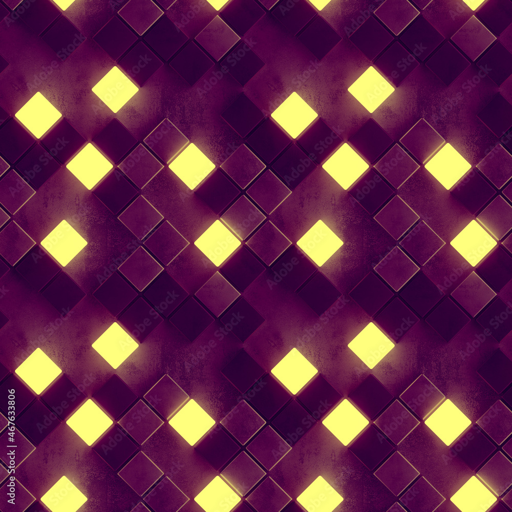 Poster purple seamless pattern of concrete and illuminating cubes 3d render
