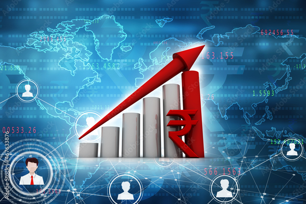 Poster 3d rendering growth arrow with symbol of rupee