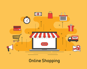 e-commerce banners flat concept. online shopping on laptop computer. isolated on yellow background. Vector illustration template. Internet sale and business delivery.