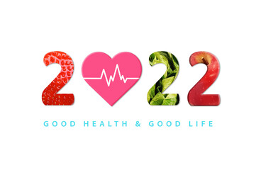 2022 Happy New Year for healthcare. Fruit and vegetables which make 2022 number isolated on white background.