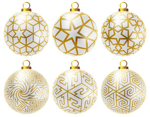 Set of realistic christmas balls. White christmas balls with golden patterns.	