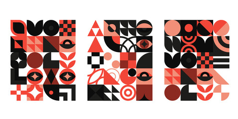 Bauhaus geometric design with eyes elements. Primitive modern shapes and forms. Vector interior posters, covers, banners.