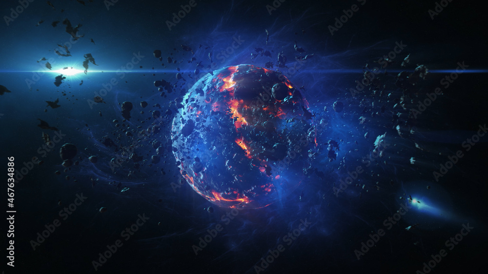Canvas Prints destroyed planet in deep space with asteroids and sun flares cinematic view of destroyed death star 