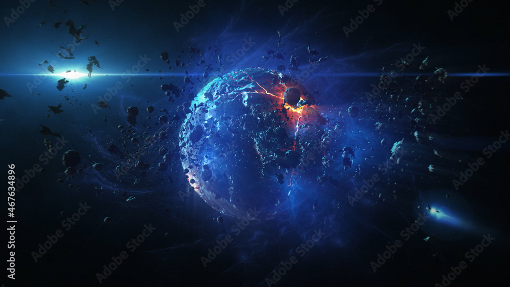 Wall mural destroyed planet in deep space with asteroids and sun flares cinematic view of destroyed death star 