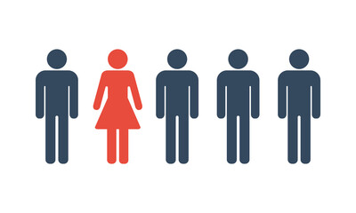 woman among men, social issue or gender equality vector icon