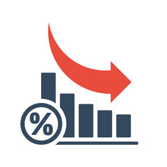 falling trend bar chart with percent sign and red down arrow, inflation or tax vector icon