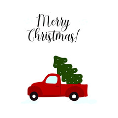 Holiday Greeting Card with Red Retro Track and Christmas Tree isolated on white. Vector Illustration.