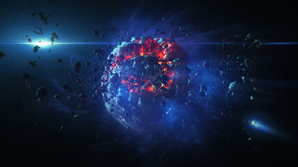 Destroyed planet in deep space with asteroids and sun flares Cinematic view of destroyed death star after meteor asteroids impact  © ImageBank4U
