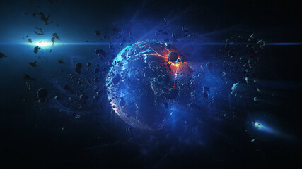 Destroyed planet in deep space with asteroids and sun flares Cinematic view of destroyed death star after meteor asteroids impact  © ImageBank4U