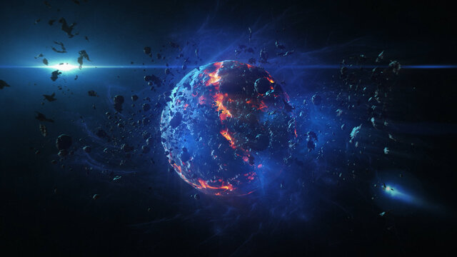 Destroyed planet in deep space with asteroids and sun flares
Cinematic view of destroyed death star after meteor asteroids impact
