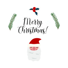 Christmas Greeting card with head of Santa and green tree isolated on white. Vector Illustration.