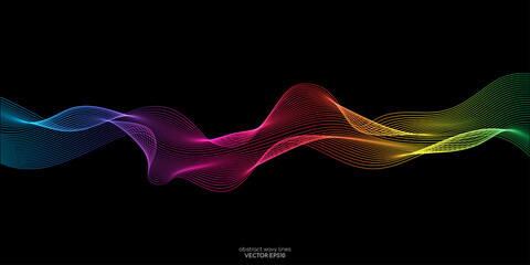 Vector wave lines flowing dynamic in colorful isolated on black background for concept of AI technology, digital, communication, science, music