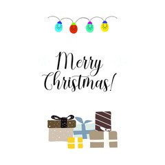 Merry Christmas Greeting card with gift boxes isolated on white. Vector Illustration.