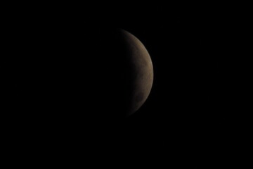 Lunar eclipse, at night, white quarter moon.