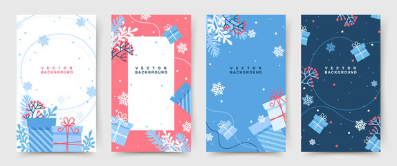 Colorful christmas banners,cute winter illustrations with falling snowflakes and gift boxes.Set of social media stories template. Festive vector background for greeting card,event invitation, promo,ad - obrazy, fototapety, plakaty