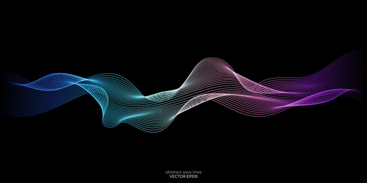 Abstract wave lines pattern dynamic colorful light flowing isolated on black background. Vector illustration design element in concept of music, party, technology, modern.