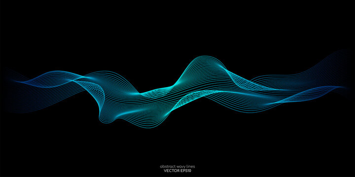 Vector abstract light lines wavy flowing dynamic in blue green colors isolated on black background for concept of AI technology, digital, communication, 5G, science, music
