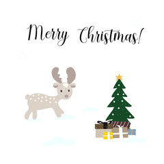 Christmas card with deer and tree and gift boxes isolated on white. Vector Illustration.