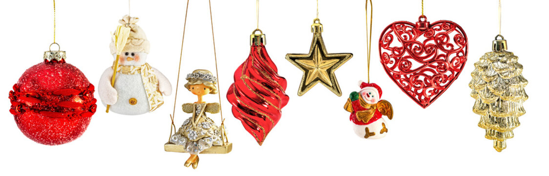Set of Christmas tree hanging toys. Fairy, snowman, angel, ball star and heart. Red and gold scale. Isolated on white.