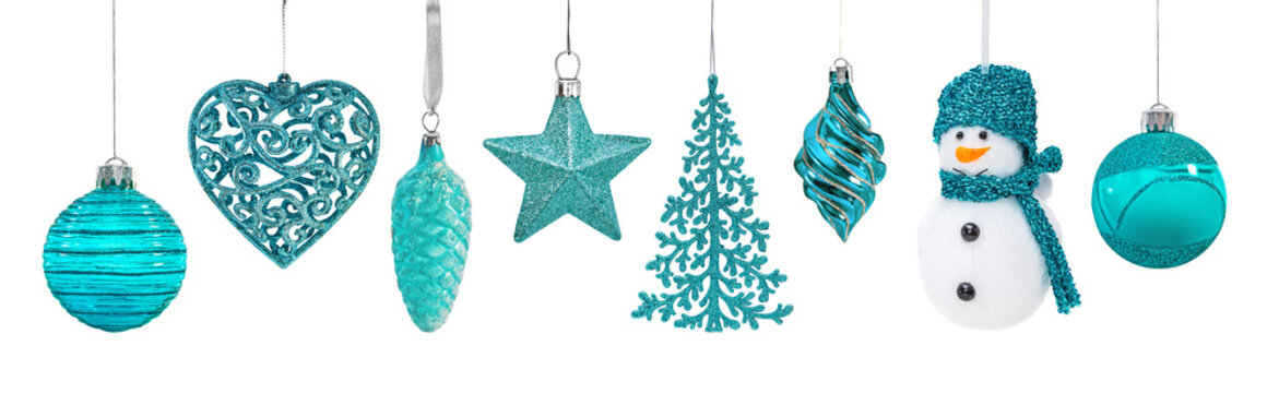 Set of hanging toys for the Christmas tree. Snowman, star, pine cone ball and heart. Turquoise scale. Isolated on white.