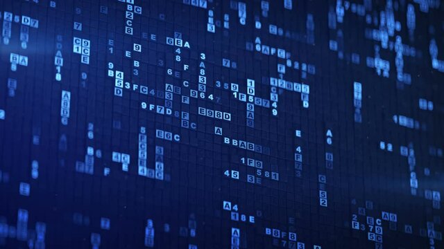 Blue HEX computer code. Futuristic information technology concept. Seamless loop 3D render animation with DOF