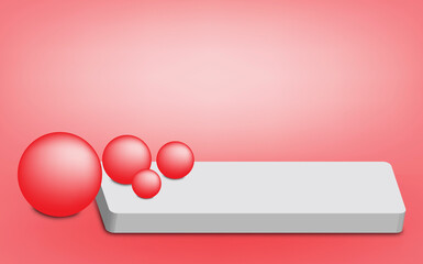 White empty podium and red sphere design with illustration 3D render and red background, Product showing presentation in Christmas day and New year concept 	