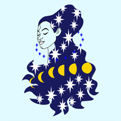woman with moon star hair vector illustration