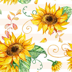 Fototapeta na wymiar Festive autumn watercolor seamless pattern with sunflowers and leaves