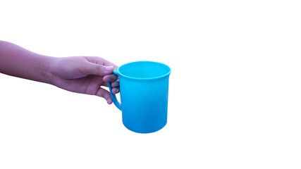 Hand holding blue plastic cup isolated on white background (With Clipping Path).