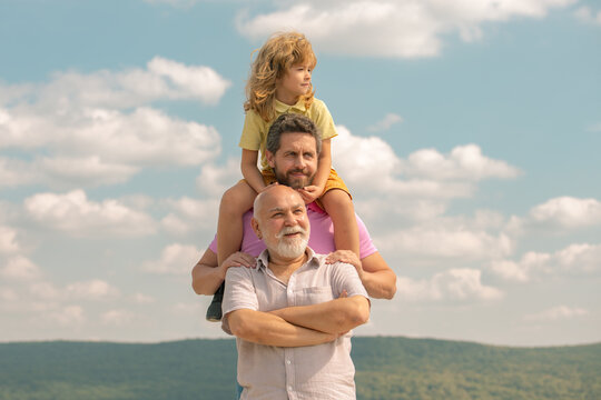 Generation of people and stages of growing up. Men generation grandfather father and son outdoor. Fathers day concept. Men in different ages.
