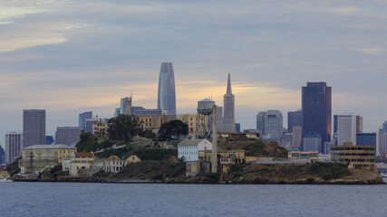 Views of Alcatraz Prison with San Francisco Downtown in the Background via Cruise Boat.