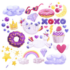 Watercolor cute set with unicorns, rainbow and sweets. Illustration on white background.