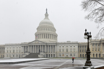 United States Capitol in blizzard - Washington DC in winter time.