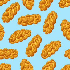 Loaf Challah Holiday jewish braided seamless pattern. Saturday bread on blue isolated background. Vector cartoon illustration of food - obrazy, fototapety, plakaty
