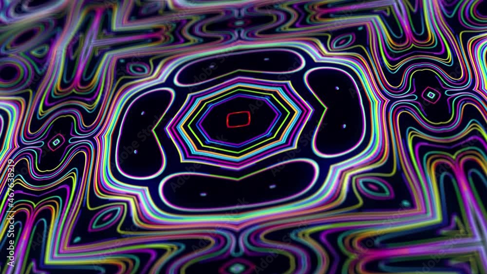 Poster pattern as flower or star. 4k abstract looped bg with grows rainbow colors lines pattern like symmet