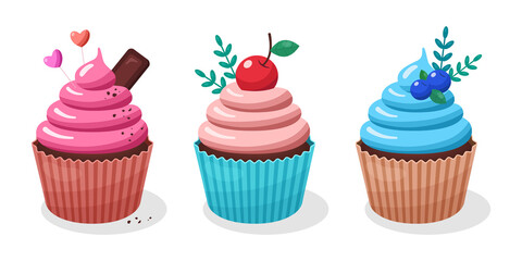 Set cupcakes. Sweet delicious muffin, chocolate cake muffin food. Cream cupcake, cupcake isolated on white. Bakery cupcake with cherries, blueberries, cupcake set vector illustration