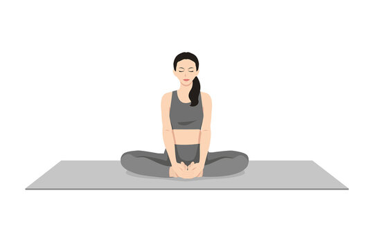 Bound Angle Pose, Butterfly Pose, Beautiful girl practice Baddha Konasana. Young attractive woman practicing yoga exercise. working out, black wearing sportswear, grey pants and top, indoor full 