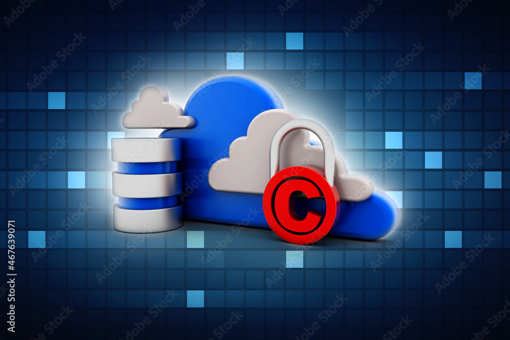 Poster 3d illustration copyright symbol protected lock with database concept