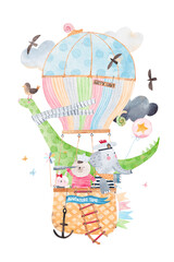 Fototapety  Watercolor poster. Cute balloon illustration with funny animals. Friends on a air adventure. Isolated on white background.