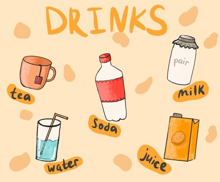 Drink on an orange background: tea, milk, soda, water, juice
