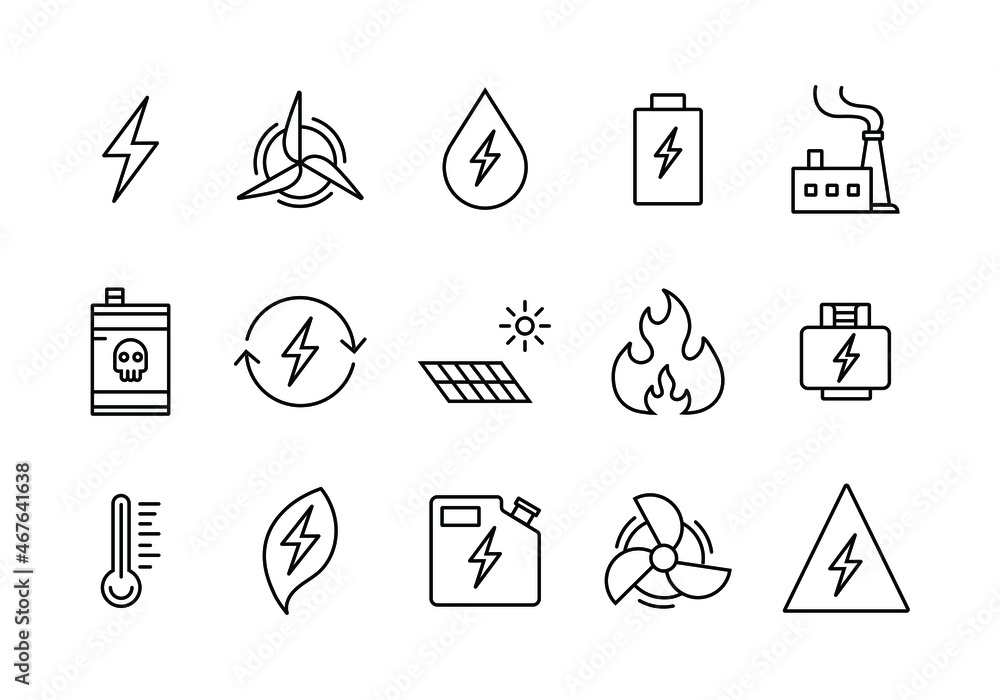 Poster collection set of various icons related to power energy resources. editable stroke line that is suit