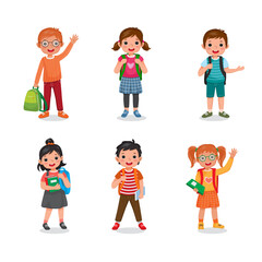 Group of school kids, boys and girls, standing in different poses carrying backpacks and holding books waving hands. Children with school bags. Back to school vector concept design.